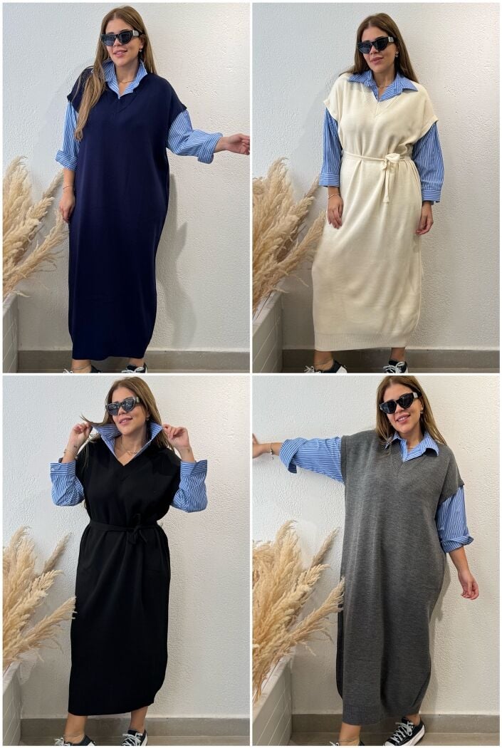 GÖMLEKLİ İP BAĞLAMA DETAYLI TRİKO ELBİSE