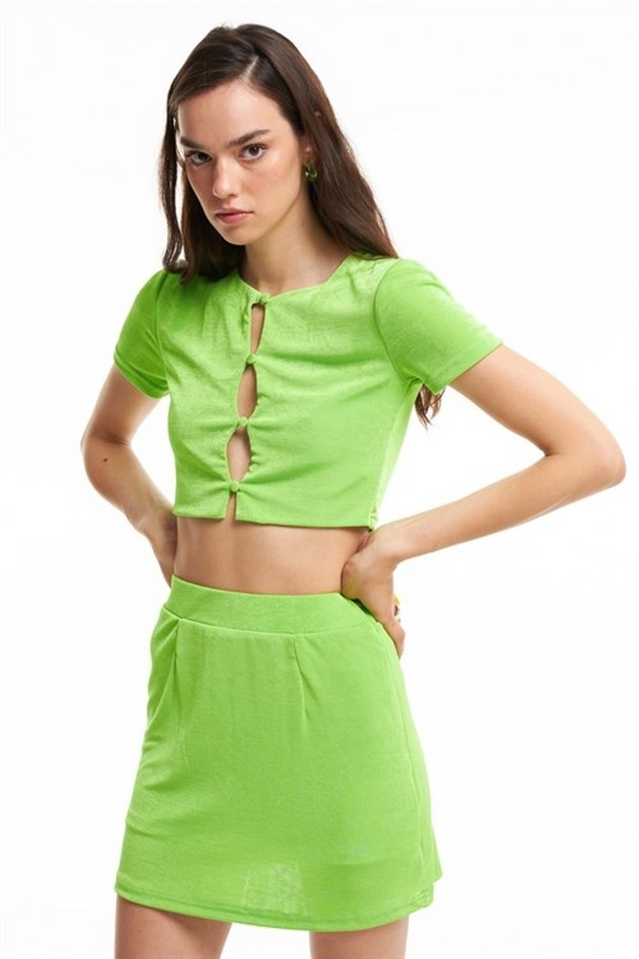 Dokulu İçi Şortlu Etek Crop Takım Neon Yeşil