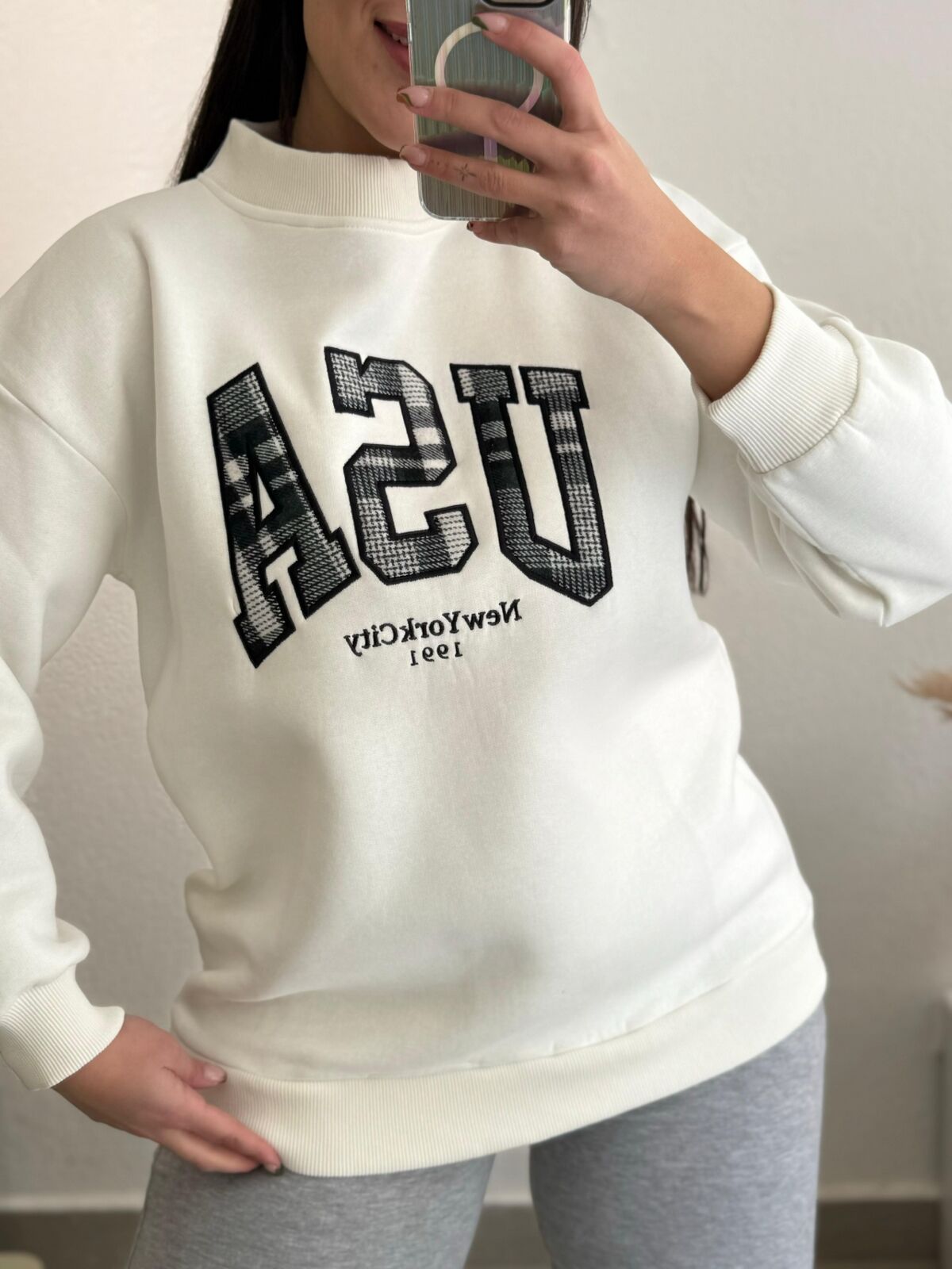 Usa Üç İplik Sweatshirt Beyaz