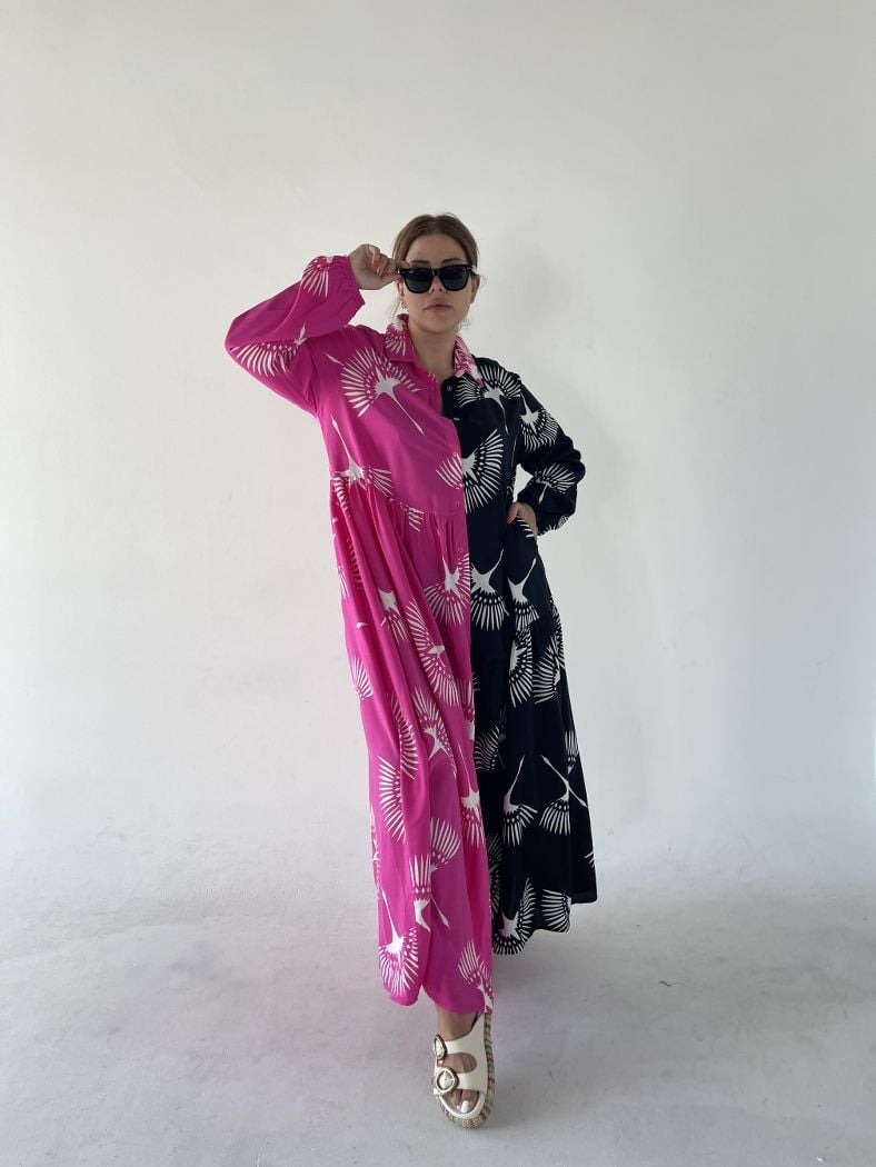 Yinyang Gömlek Elbise Pembe/Siyah