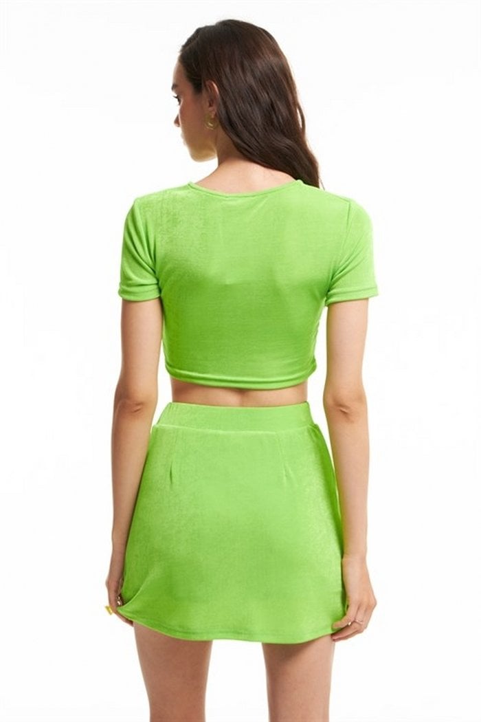 Dokulu İçi Şortlu Etek Crop Takım Neon Yeşil