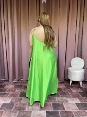 İtalyan Saten İp  Askılı Elbise Yeşil
