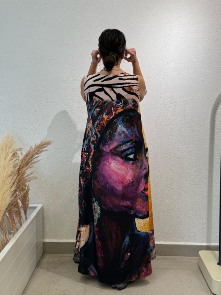 Sıfır Kol Likralı Desenli Elbise