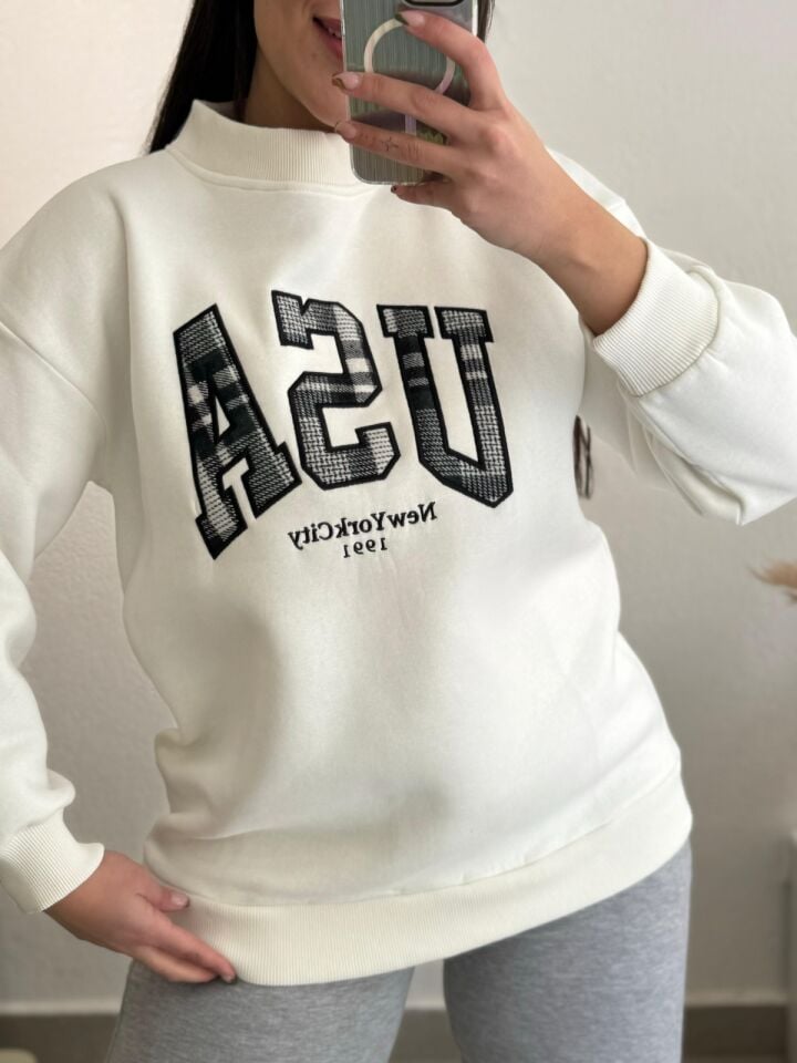 Usa Üç İplik Sweatshirt  Beyaz