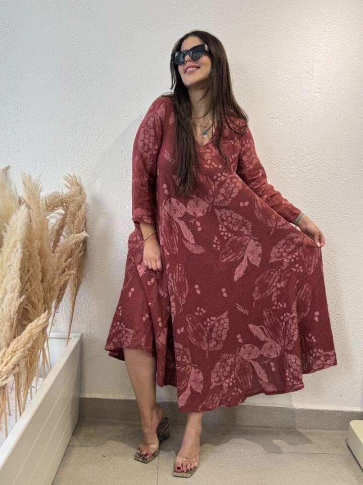 YAPRAK DESEN V BORDO KETEN ELBİSE