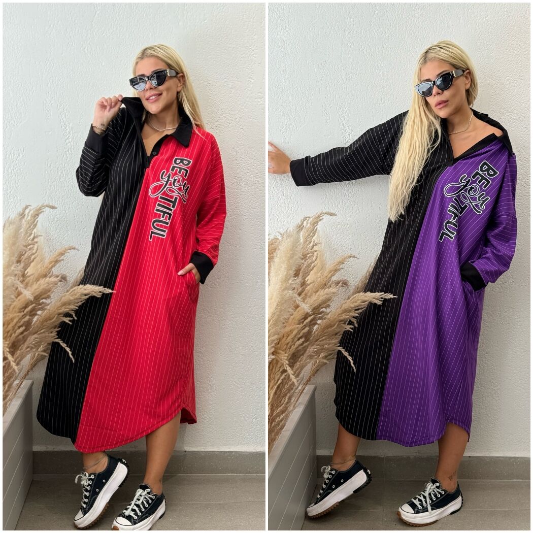 ÇİZGİLİ OVERSIZE RENKLİ ELBİSE