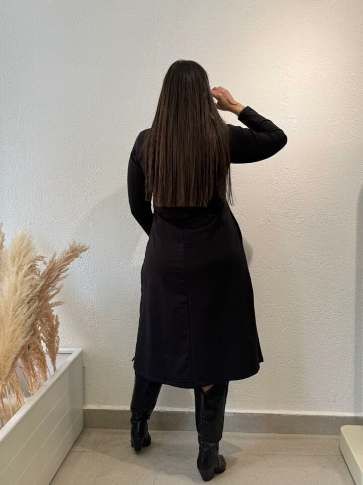 V YAKA UZUN KOL LİKRALI ELBİSE SİYAH