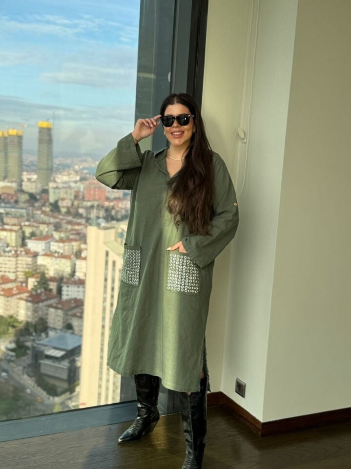CEBİ KUŞ GÖZLÜ KAPÜŞONLU ELBİSE